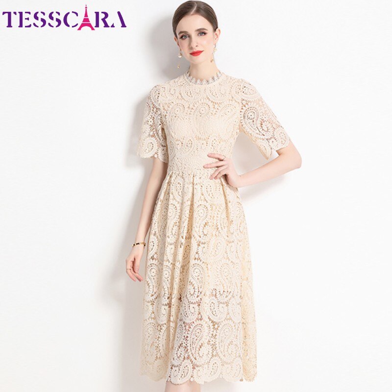 TESSCARA 여성용 럭셔리 자수 드레스, 긴 우아한 칵테일 파티 로브, 빈티지 디자이너, 오피스 레이디 레이스 드레스, 고품질
